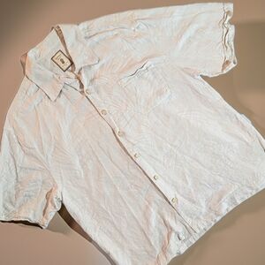 Jamaica Jaxx Men's Cream Silk Palm Print Shirt Button-Up Short Sleeve XL